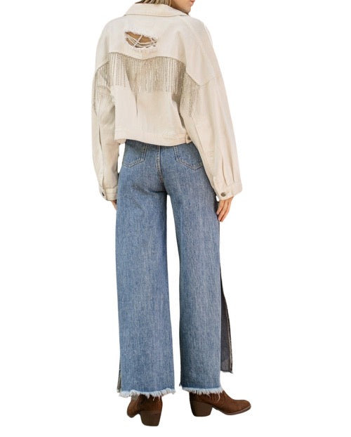 White Rhinestone Fringe Denim Jacket sm/med#8223 m/l#8224