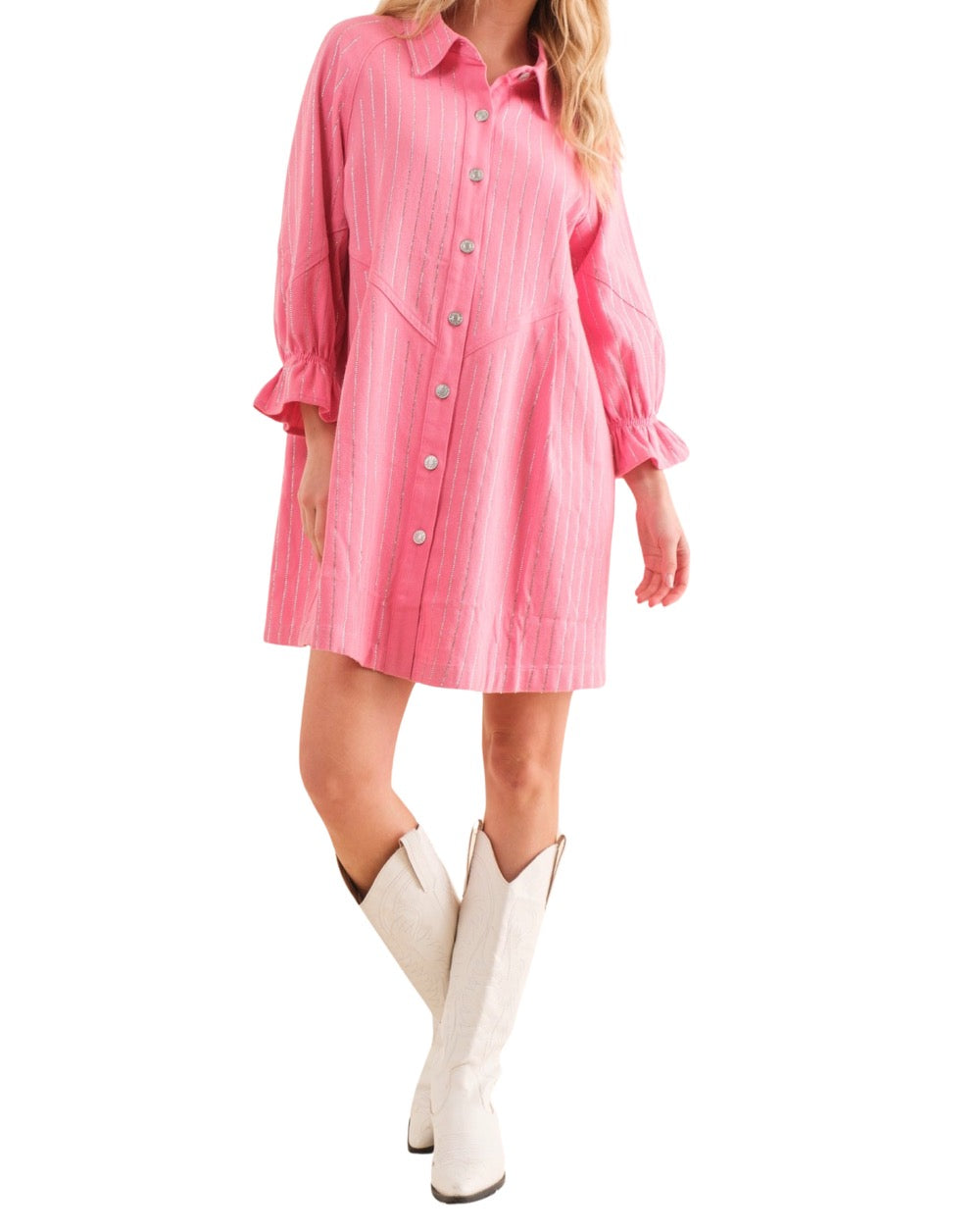 Hot Pink Sparkle Stripe Denim Dress