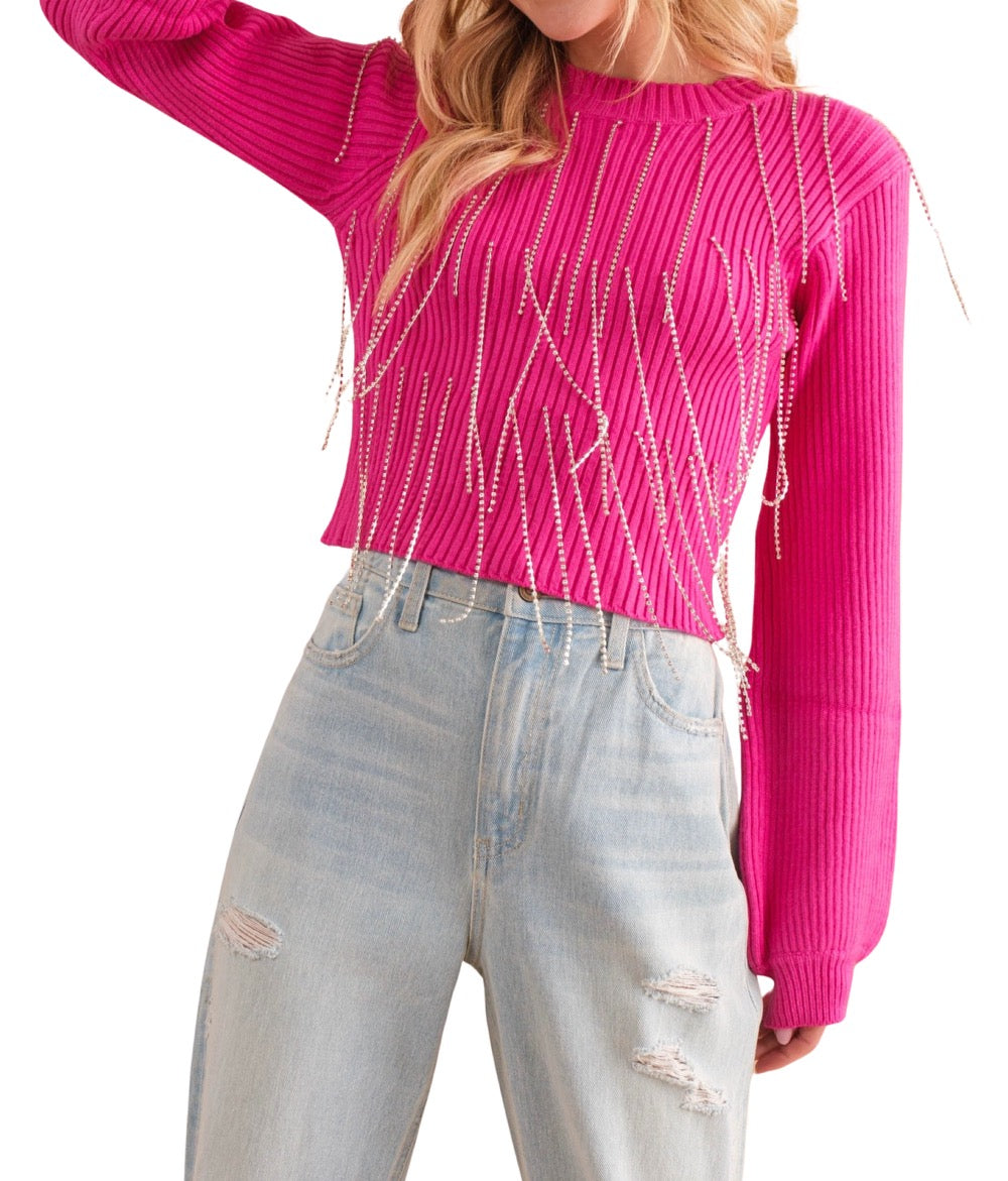 Rhinestone Fringe Cropped Sweater