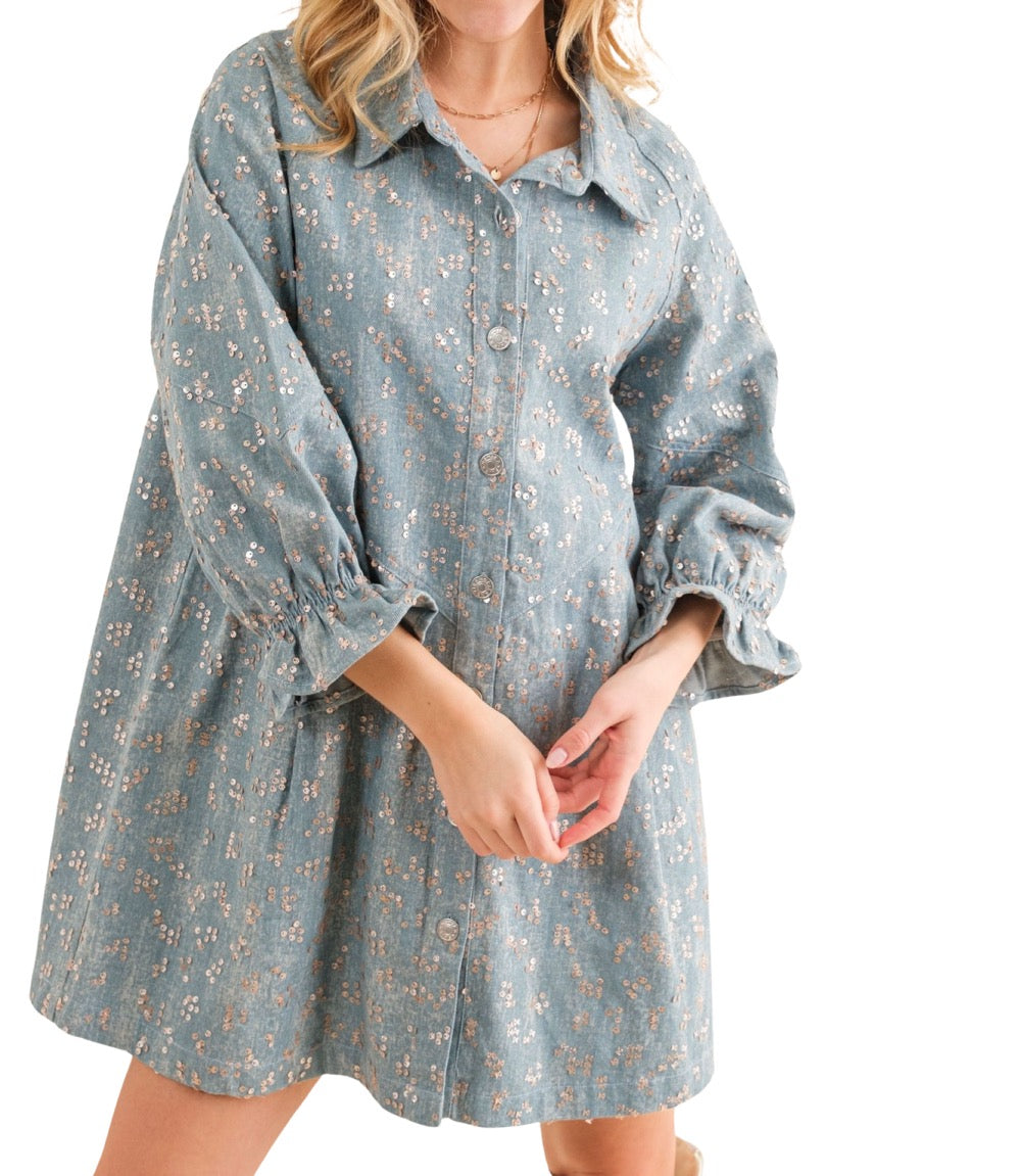 Embellished Sequin Denim Dress