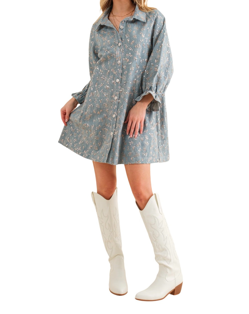 Embellished Sequin Denim Dress