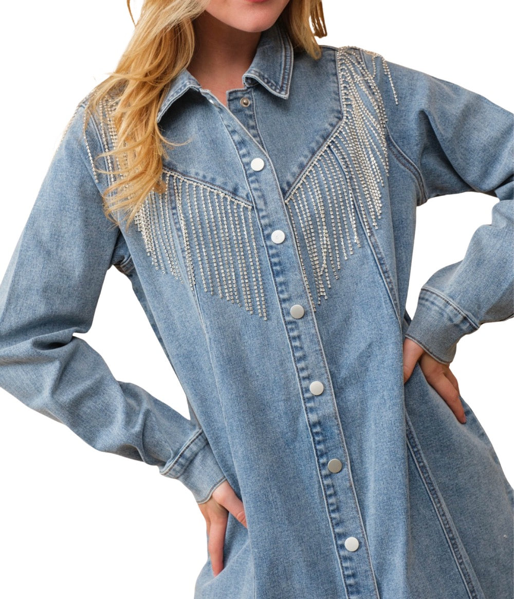 Rhinestone Fringe Denim Dress