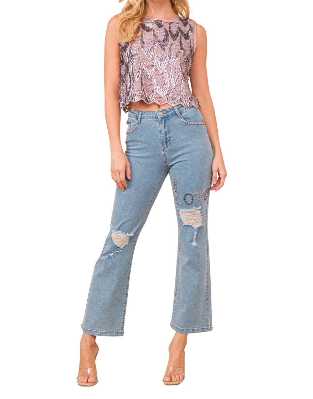 Lavender Sequin Scallop Edge Crop Top
