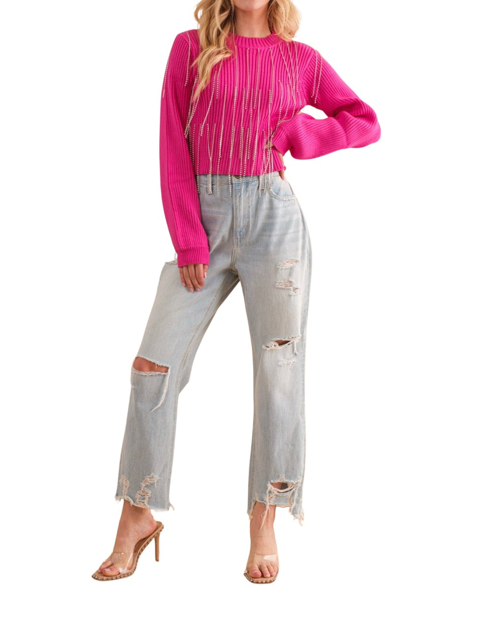 Rhinestone Fringe Cropped Sweater