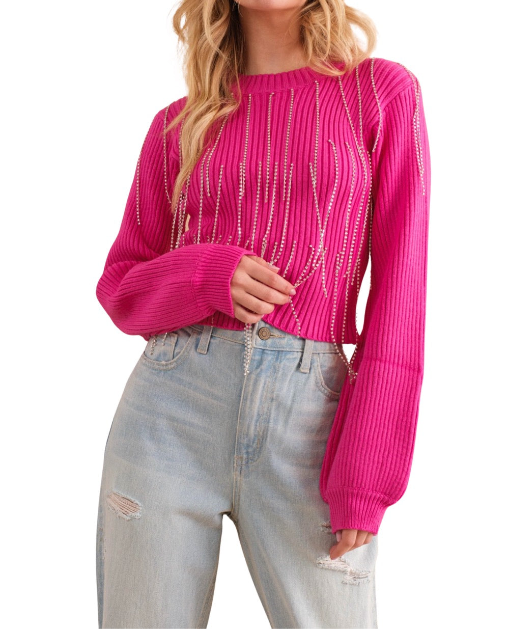 Rhinestone Fringe Cropped Sweater