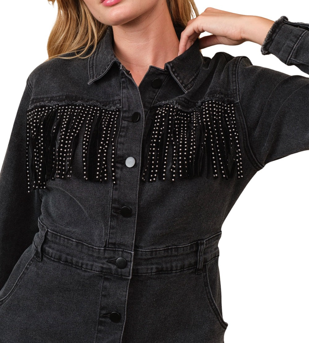 Western Fringe Black Denim Dress