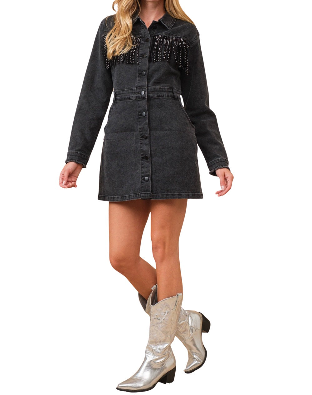 Western Fringe Black Denim Dress