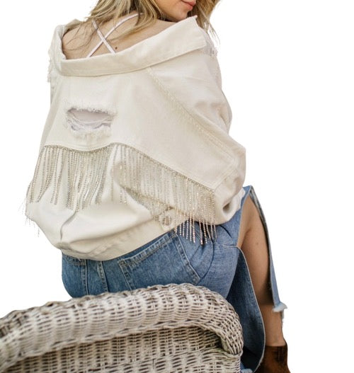 White Rhinestone Fringe Denim Jacket sm/med#8223 m/l#8224