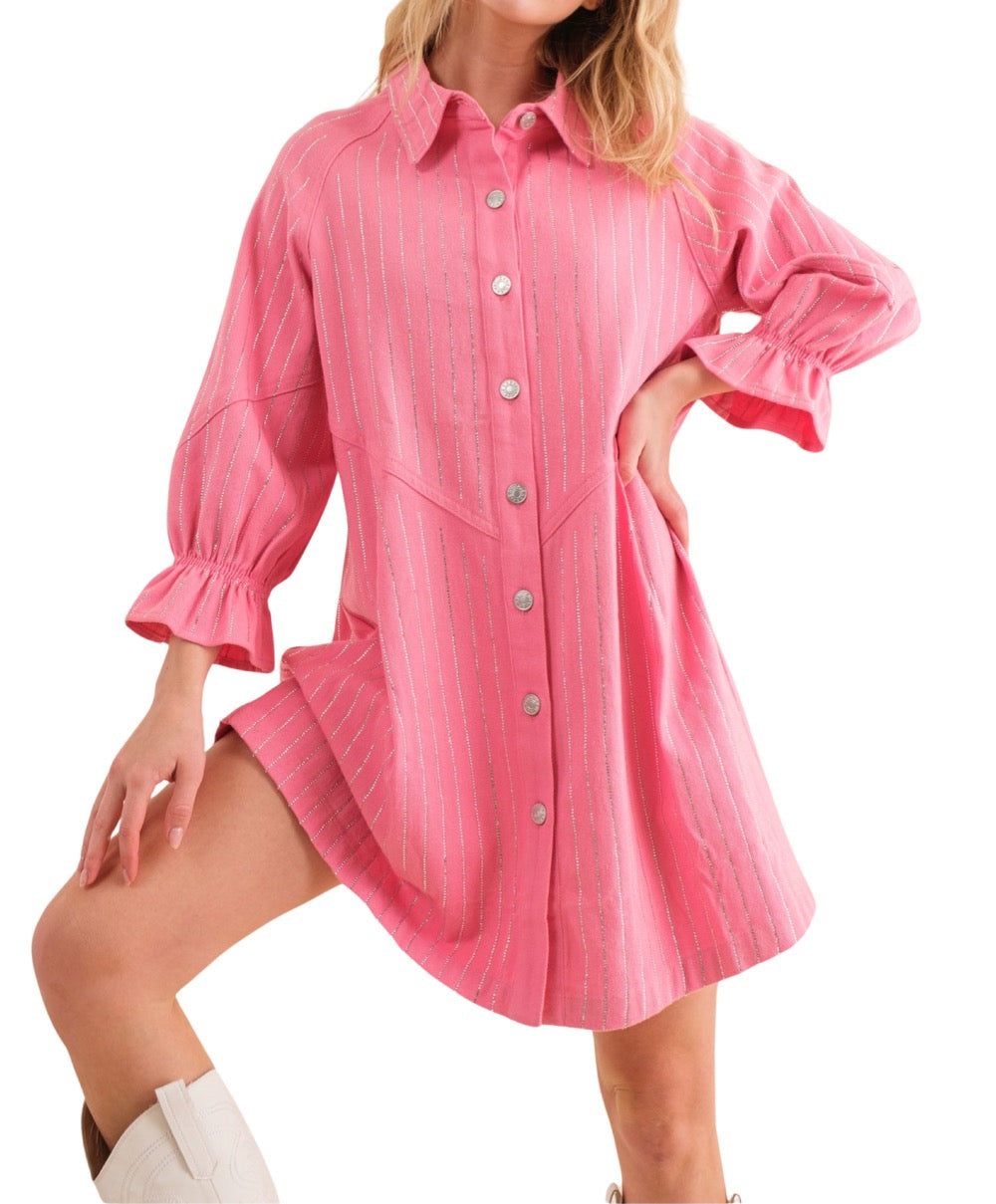Hot Pink Sparkle Stripe Denim Dress