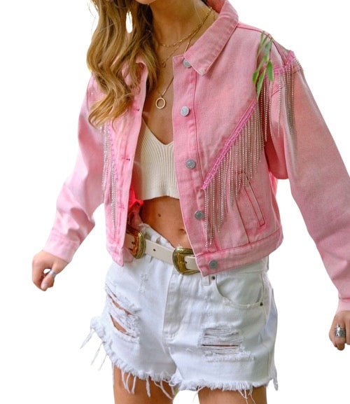 Pink Chevron Rhinestone Fringe Denim Jacket SM-LG#8267-#8269