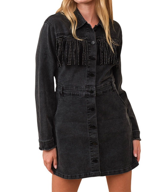 Western Fringe Black Denim Dress