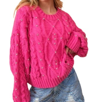 Hot Pink Rhinestone Cable Knit Sweater