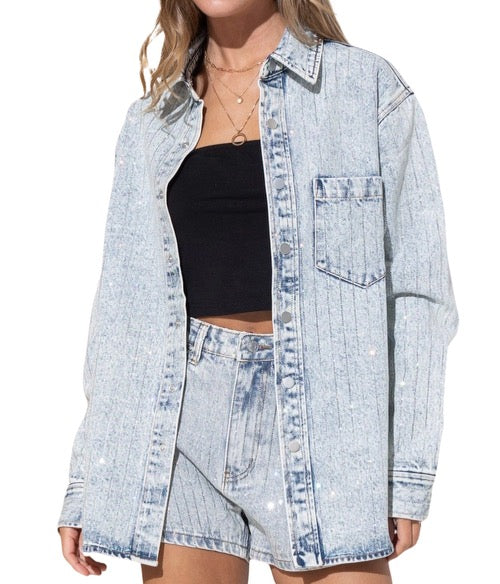 Light Wash Sparkle Stripe Denim Jacket
