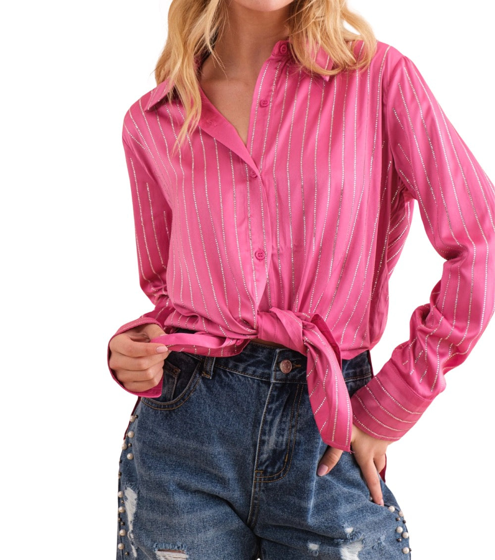 Hot Pink Satin Rhinestone Stripe Button Up