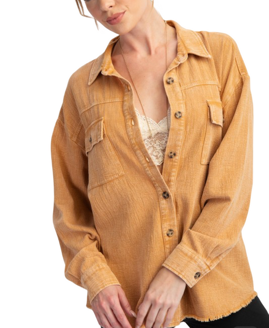 Mineral Washed Button Down Shirt Camel