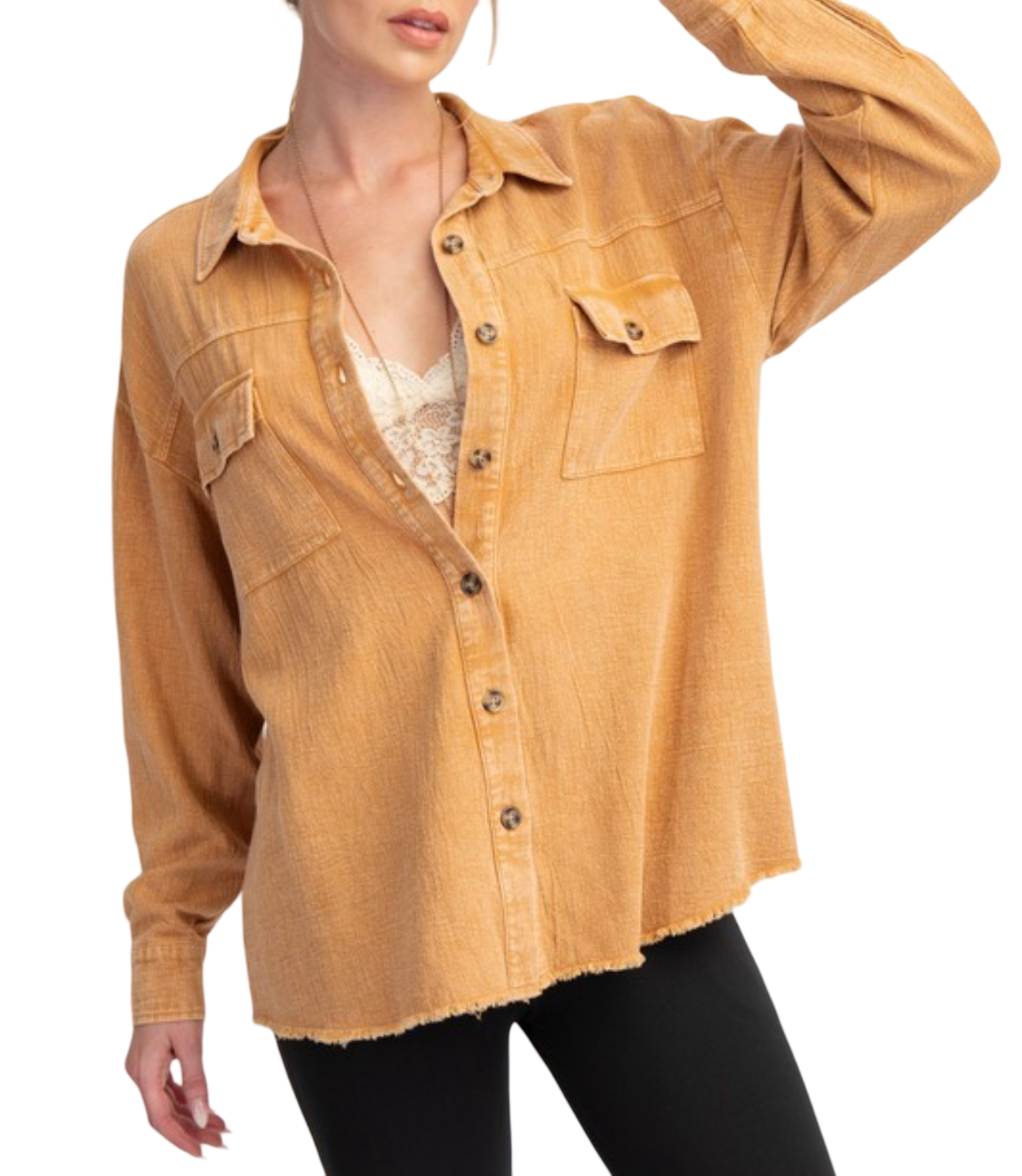 Mineral Washed Button Down Shirt Camel