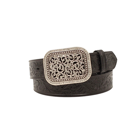 Ariat Embossed Black Ornate Silver Rhinestone Buckle Leather Belt sizes sm.-xlg. #6294-6297